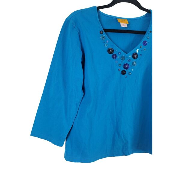 Ruby Rd Long Sleeve Top M Womens Blue V Neck Pullover Accents Cotton Blend - Picture 3 of 10